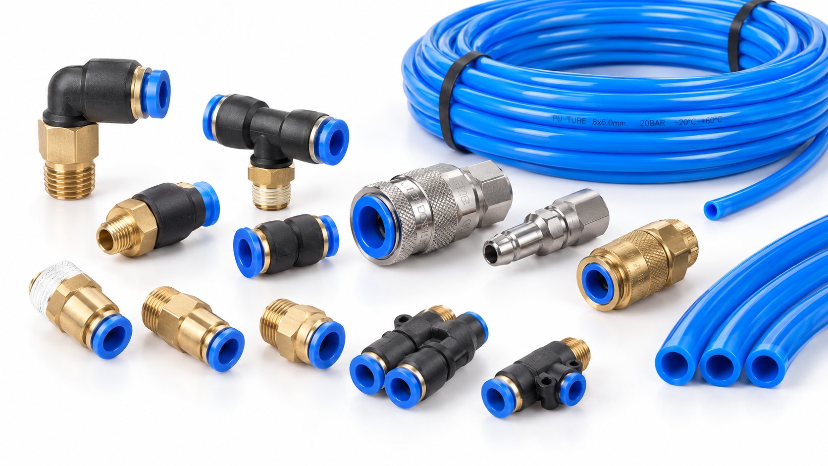 Brass and blue push-in pneumatic fittings, elbow connectors and air tubing